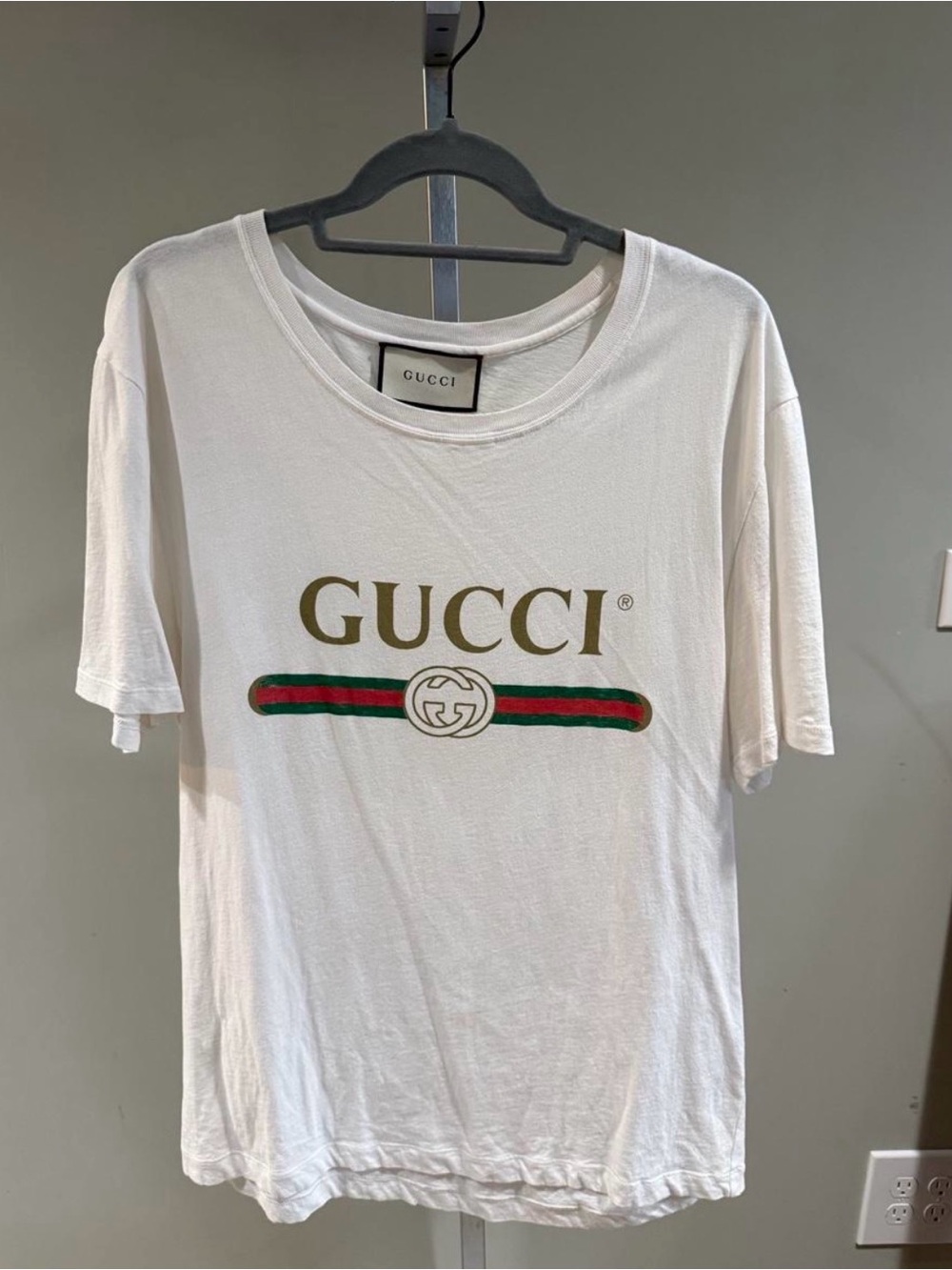 Gucci White Tee with Gold Logo and Red-Green Stripe